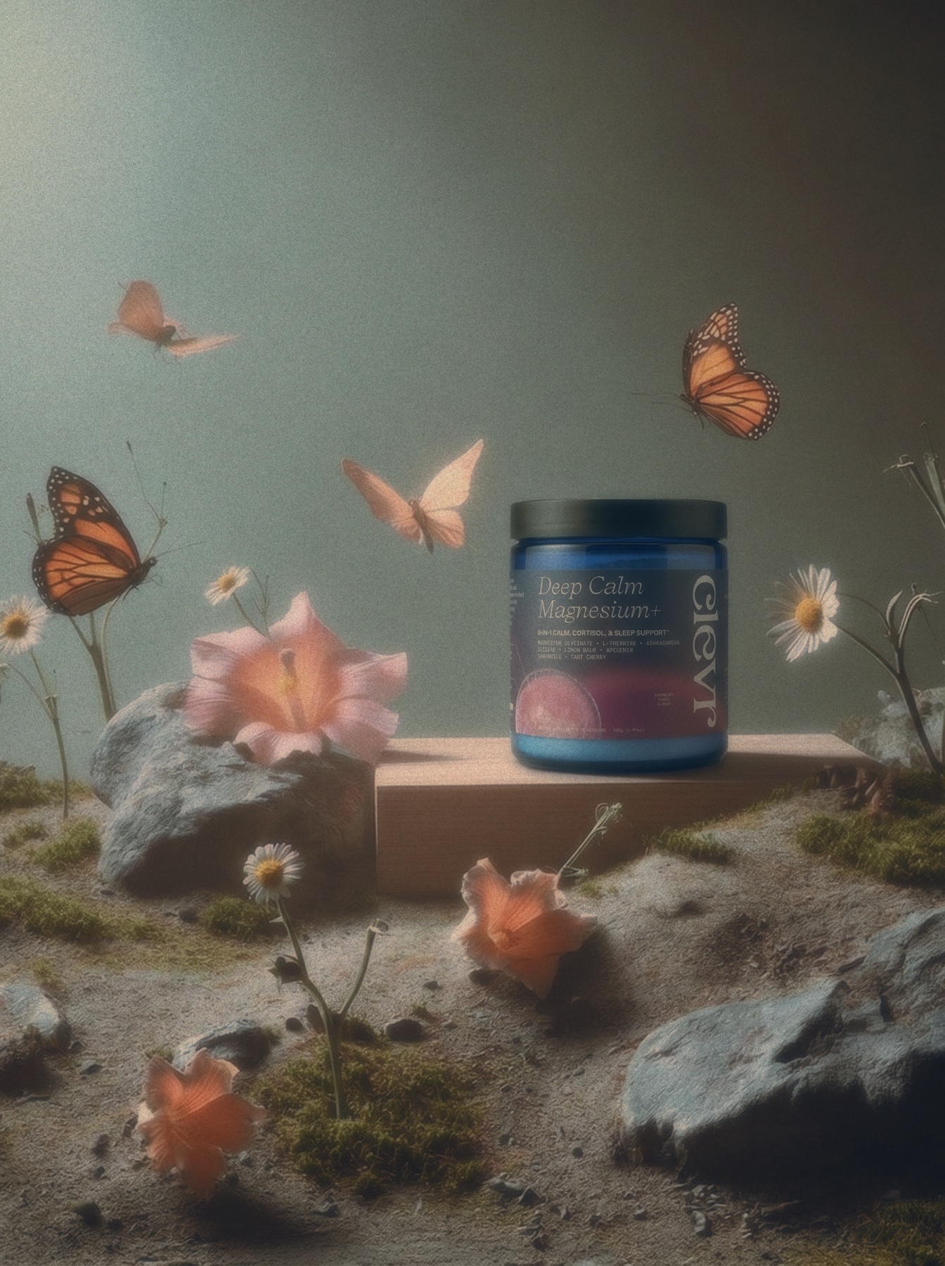 Wellness supplement campaign world with flowers and butterflies